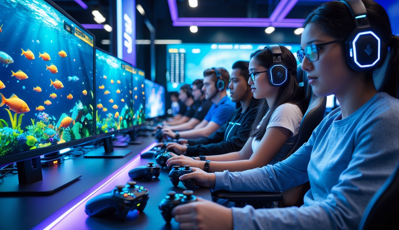 Beberapa orang sedang bermain game tembak ikan online di ruangan dengan layar besar menampilkan ikan berwarna-warni dan suasana pencahayaan biru ungu.