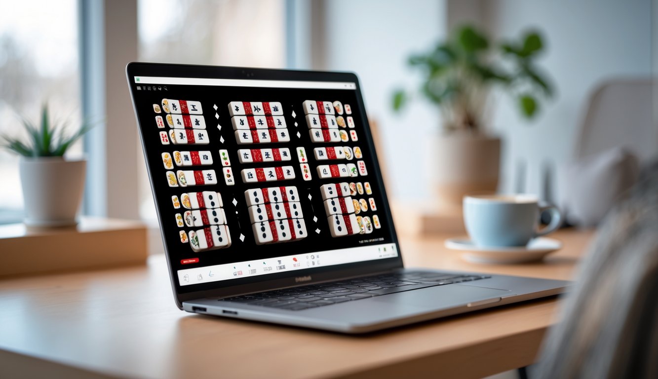 Layar laptop menampilkan permainan Mahjong dengan ubin hitam, di atas meja kayu di ruang kerja rumah yang rapi.