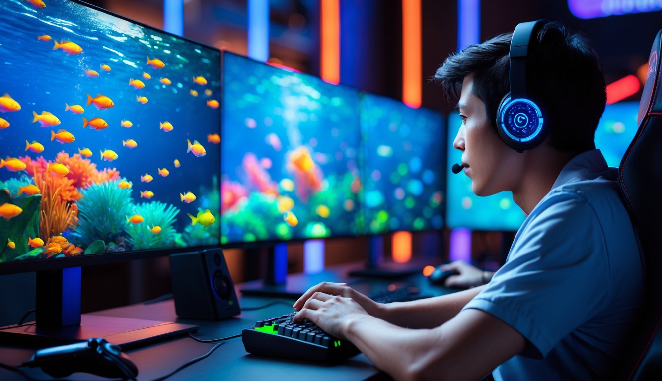 Seorang gamer muda yang fokus bermain permainan menembak ikan online di depan layar komputer dengan latar belakang adegan bawah laut penuh ikan warna-warni.