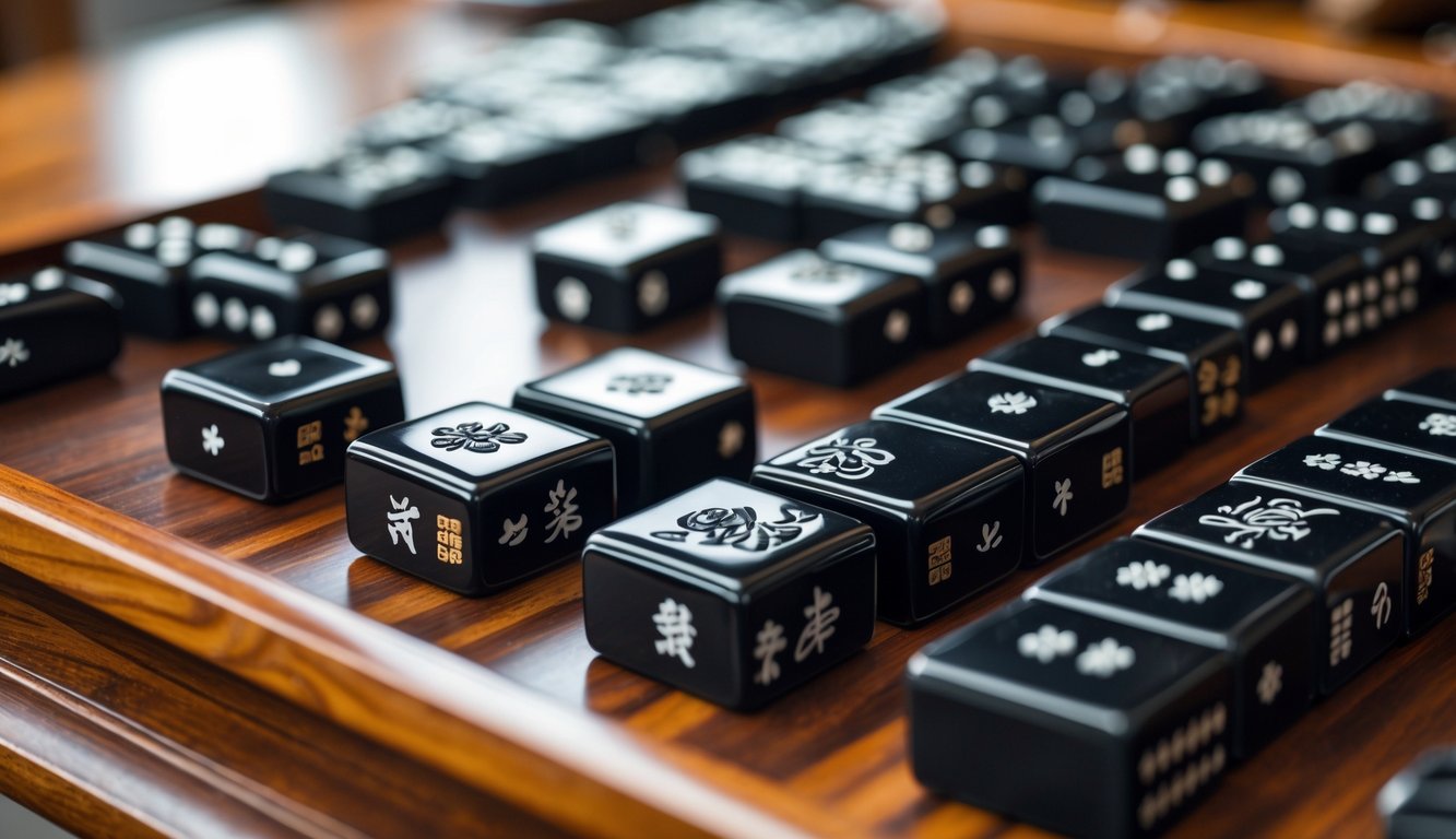 Foto close-up permainan Mahjong dengan ubin hitam yang tersusun rapi di atas meja kayu.