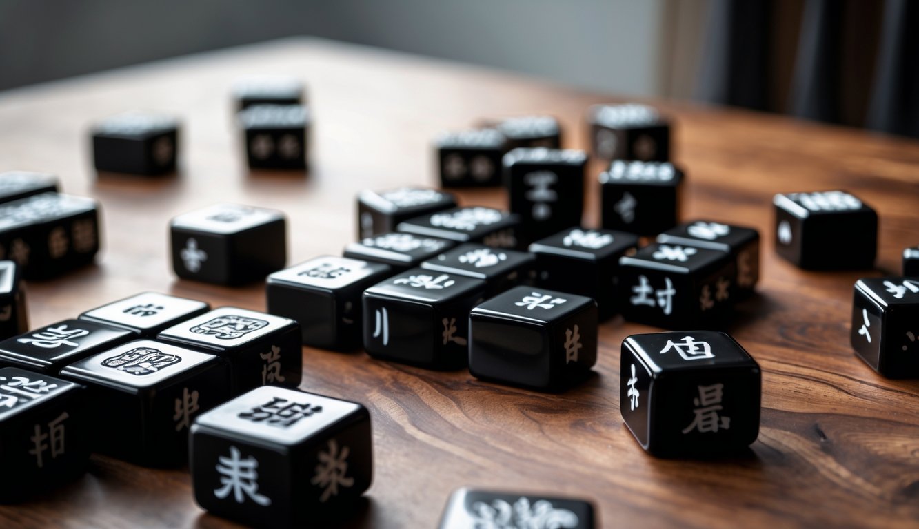 Meja kayu dengan ubin Mahjong hitam tersebar dan terukir simbol Cina putih.