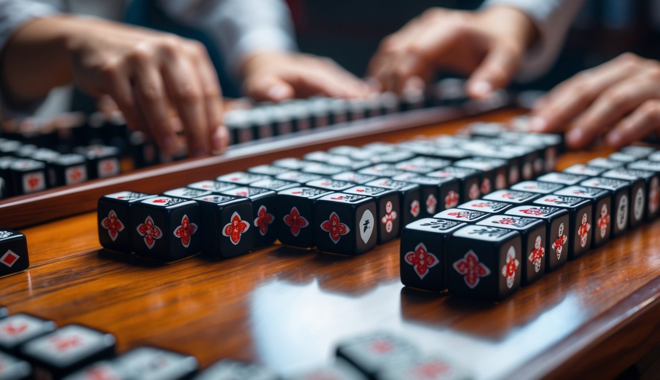 Pemandangan dekat permainan Mahjong dengan ubin hitam yang rapi di atas meja kayu, dengan tangan pemain yang samar di latar belakang.