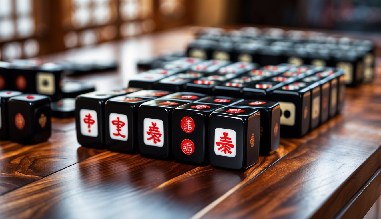 Tampilan dekat permainan Mahjong dengan ubin hitam yang tersusun di atas meja kayu.