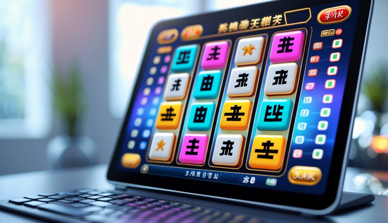 Layar komputer menampilkan permainan slot online dengan simbol ubin Mahjong hitam yang cerah dan menarik.