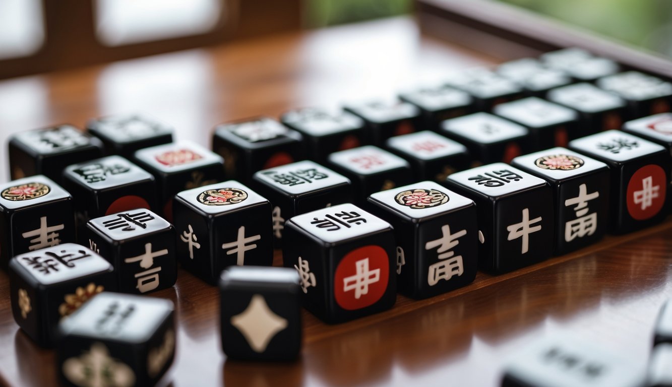 Foto close-up susunan batu Mahjong hitam di atas meja kayu dengan latar belakang buram.