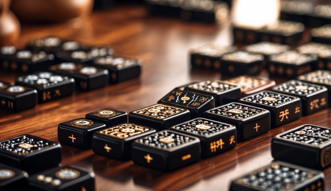 Pemandangan dekat permainan Mahjong dengan ubin hitam tersebar di atas meja kayu.