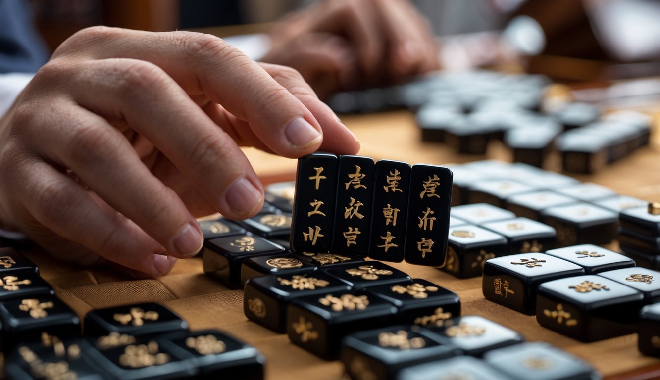 Tangan memegang ubin Mahjong hitam di atas meja permainan Mahjong yang rapi.
