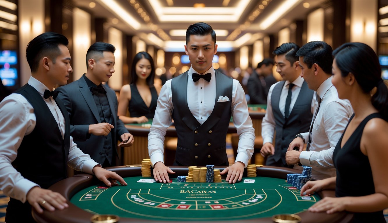 Seorang dealer berdiri di meja baccarat dengan pemain yang sedang bermain di kasino mewah.