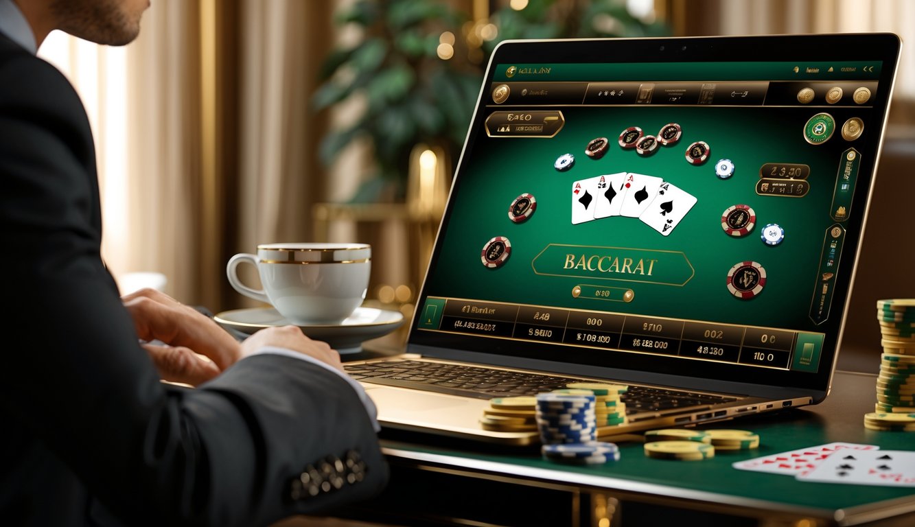Seorang pemain sedang menggunakan komputer dengan tampilan permainan baccarat online dan beberapa chip kasino di meja.