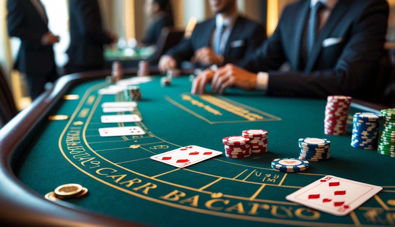 Meja permainan baccarat mewah dengan kartu dan chip di kasino yang elegan, dengan pemain berpakaian rapi di latar belakang.