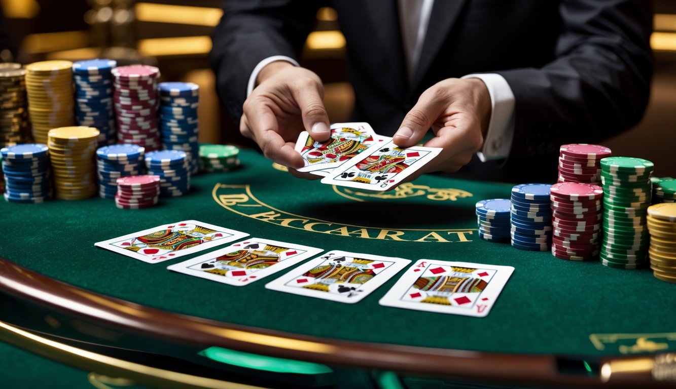 Tangan dealer membagikan kartu baccarat di atas meja hijau dengan tumpukan chip kasino di latar depan.