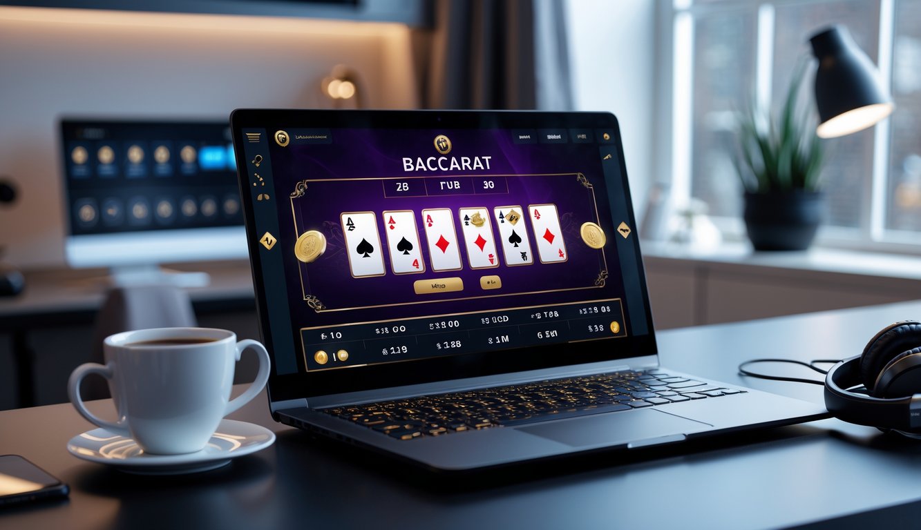 Seorang pemain menggunakan laptop untuk bermain baccarat online di sebuah meja kerja yang rapi dengan pencahayaan hangat.