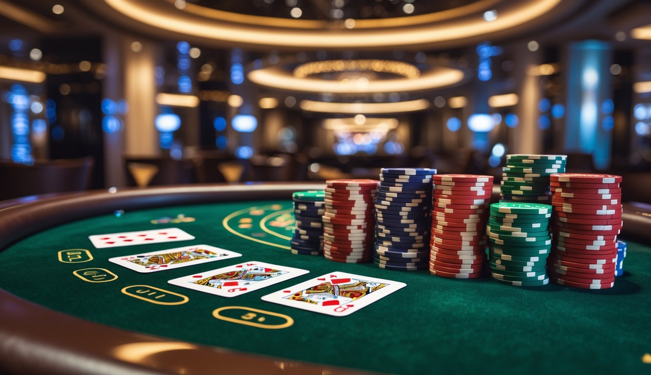 Meja permainan baccarat mewah dengan kartu dan tumpukan chip di kasino yang elegan.