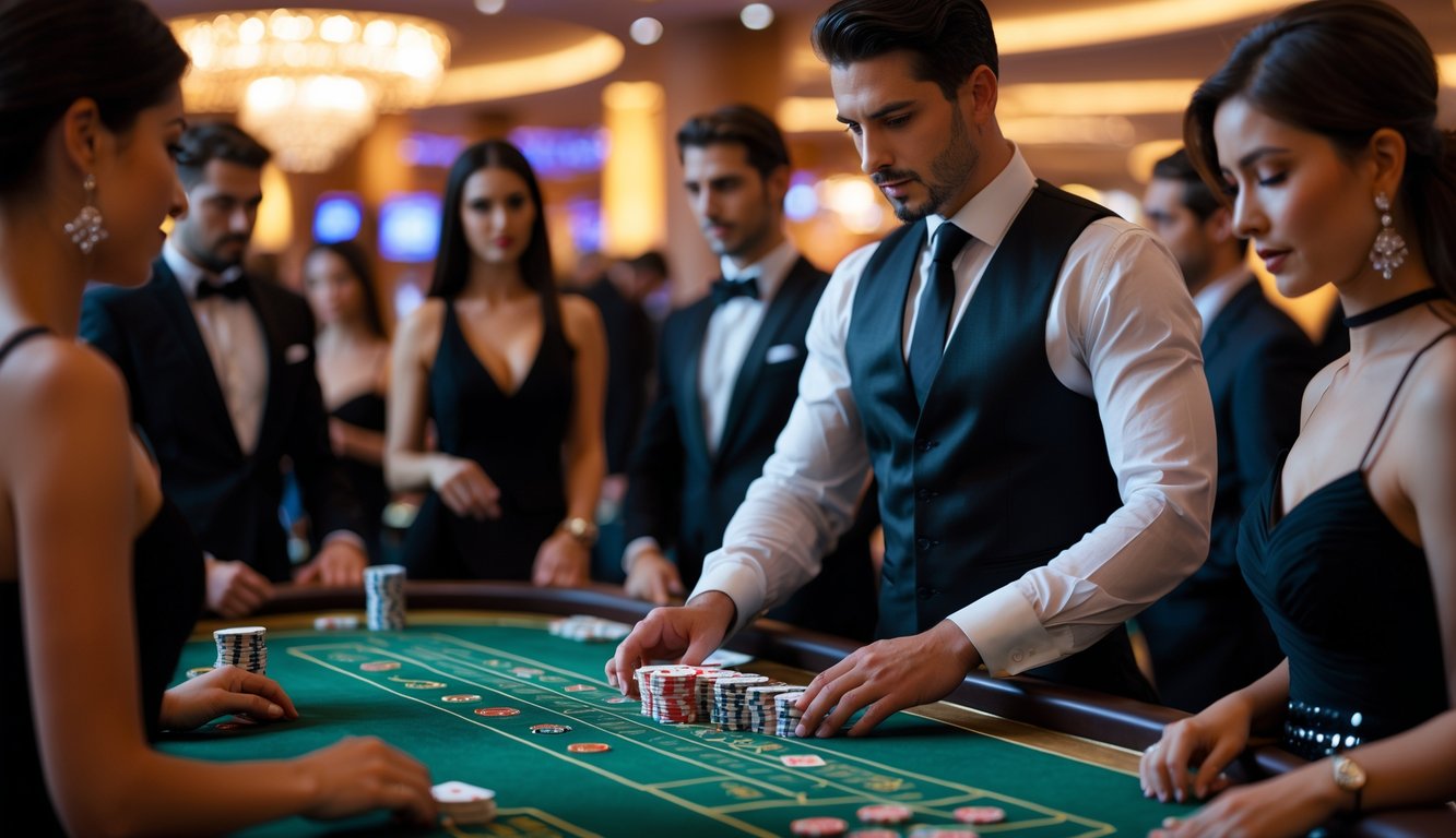 Seorang dealer dan pemain berjudi di meja baccarat di dalam kasino mewah.