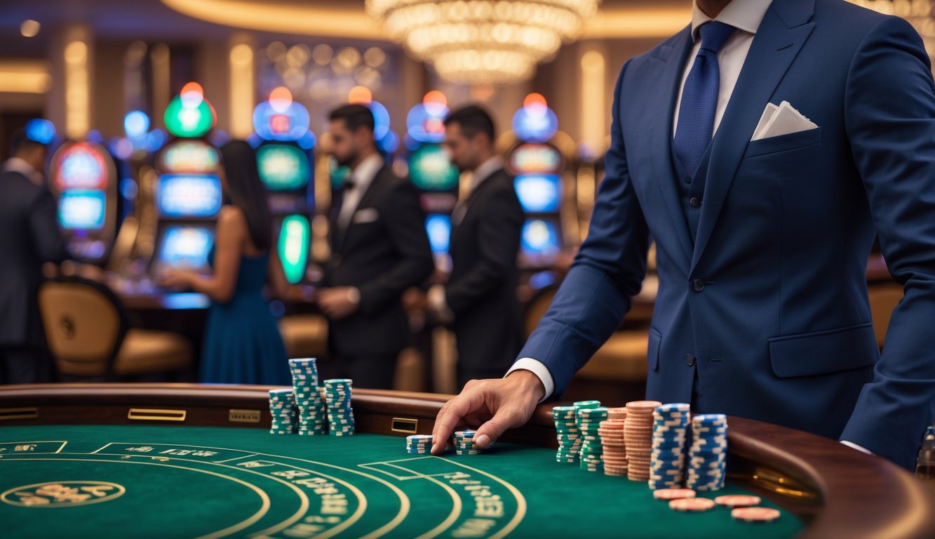 Seorang dealer dan pemain yang sedang bermain baccarat di meja kasino dengan suasana mewah dan pencahayaan hangat.