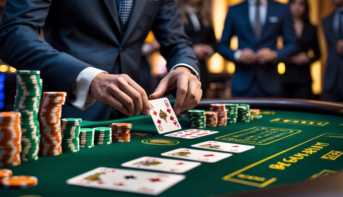 Seorang dealer di meja baccarat dengan kartu dan tumpukan chip di kasino yang mewah.