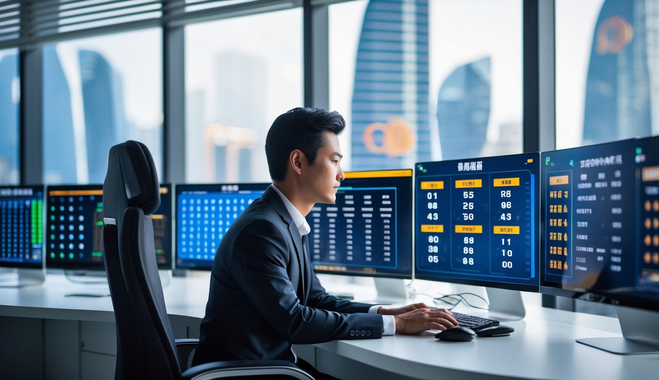 Seorang profesional Asia duduk di meja kerja dengan layar komputer menampilkan angka lotere dan pemandangan kota Macau di latar belakang.