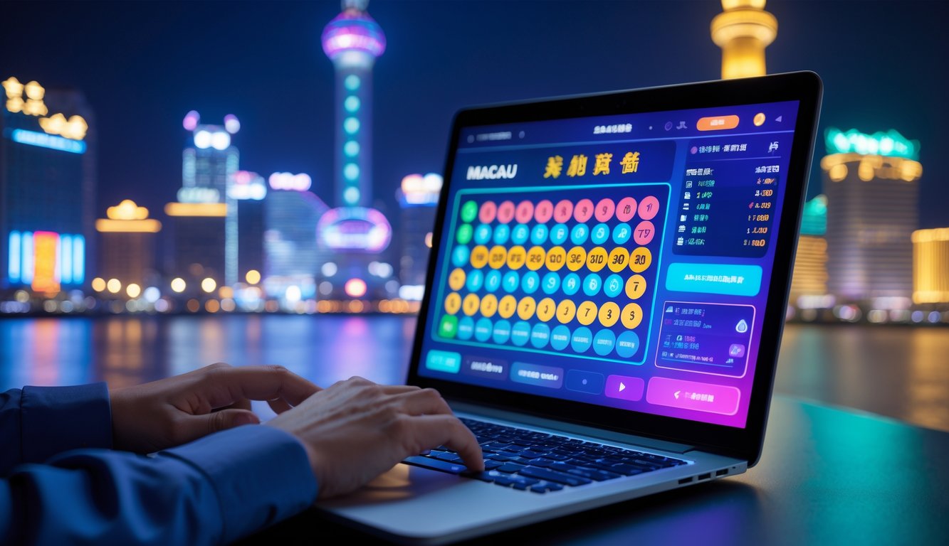 Seorang pengguna laptop dengan latar belakang landmark Macau, menunjukkan aktivitas bermain lotere online.