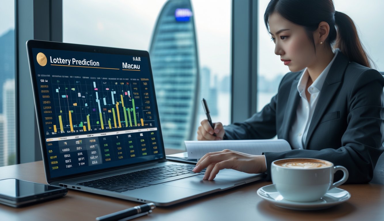 Seseorang sedang menganalisis data di meja kerja dengan laptop dan catatan, latar belakang pemandangan kota Macau terlihat melalui jendela besar.