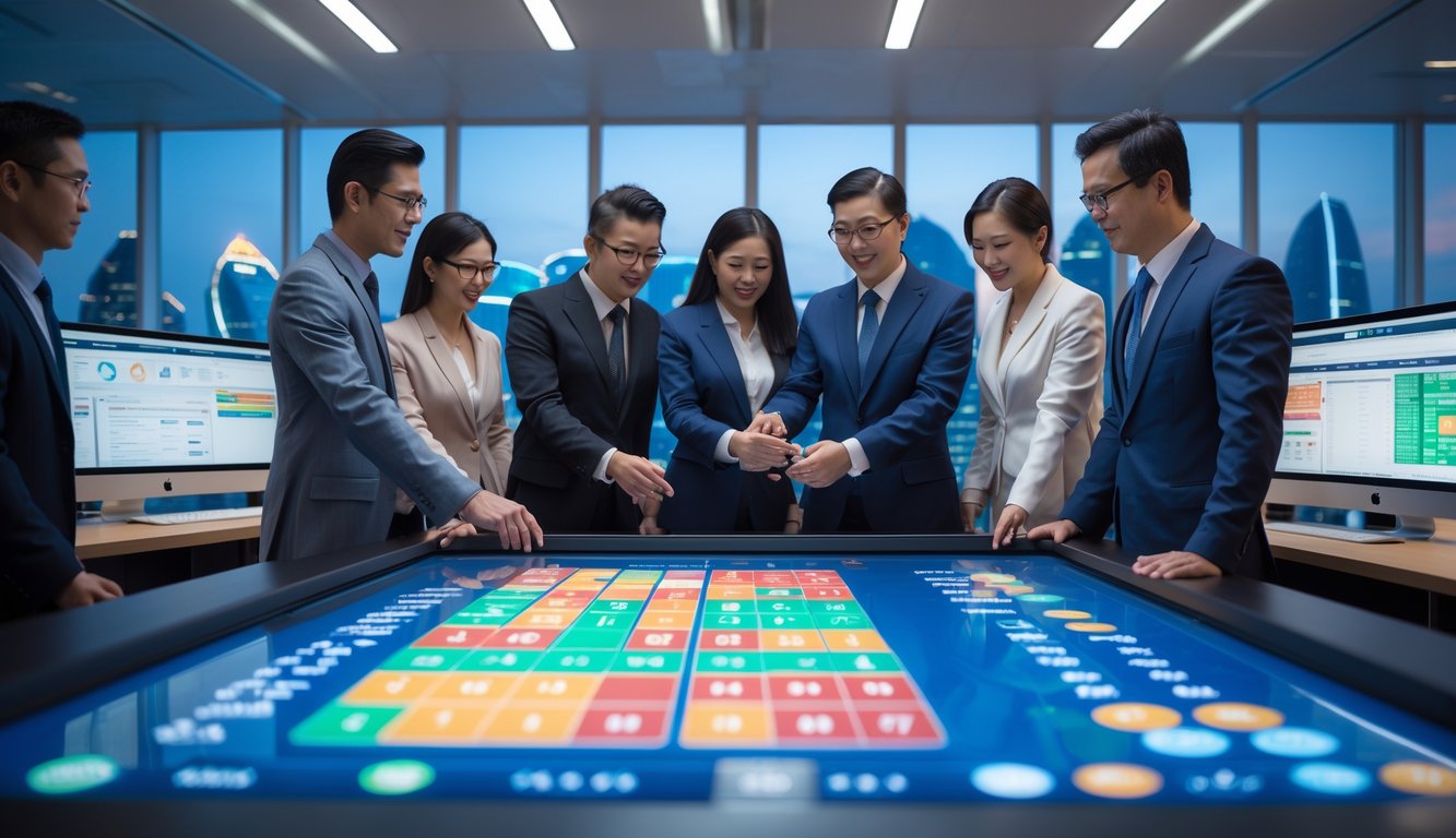 Sekelompok profesional bekerja bersama di kantor modern dengan layar digital menampilkan data dan angka togel terkait Macau.