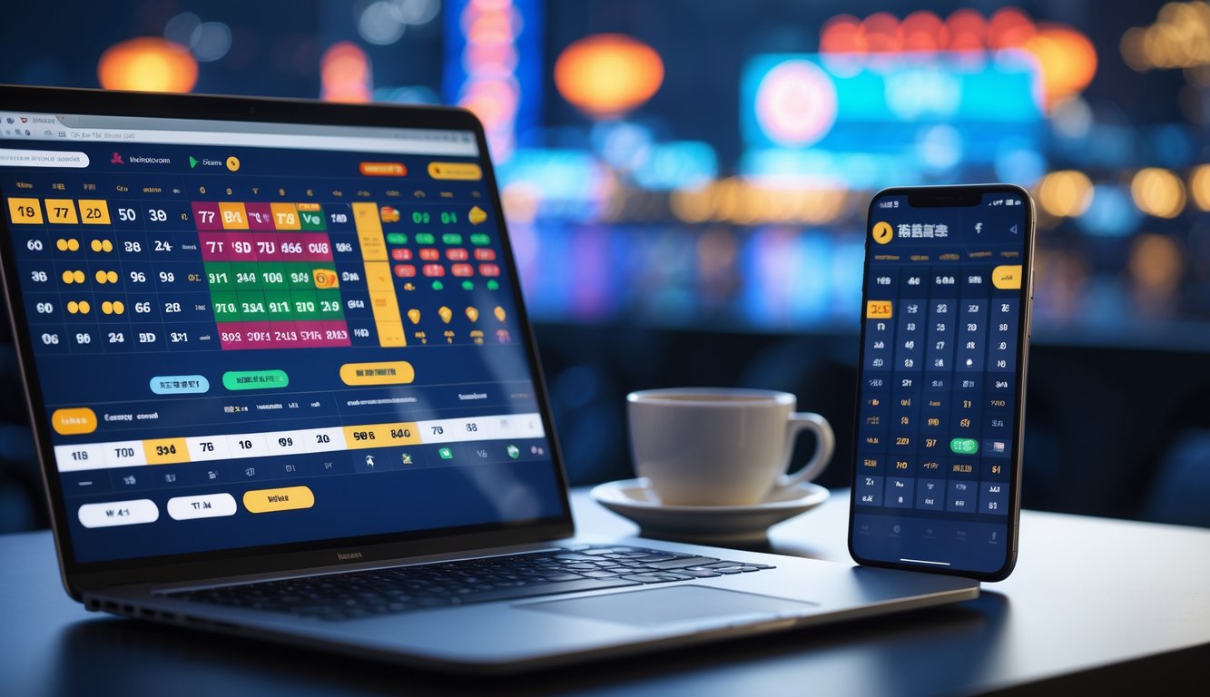 Seorang pria menggunakan laptop dan ponsel untuk bermain togel online dengan latar belakang menara Macau dan lampu kasino.