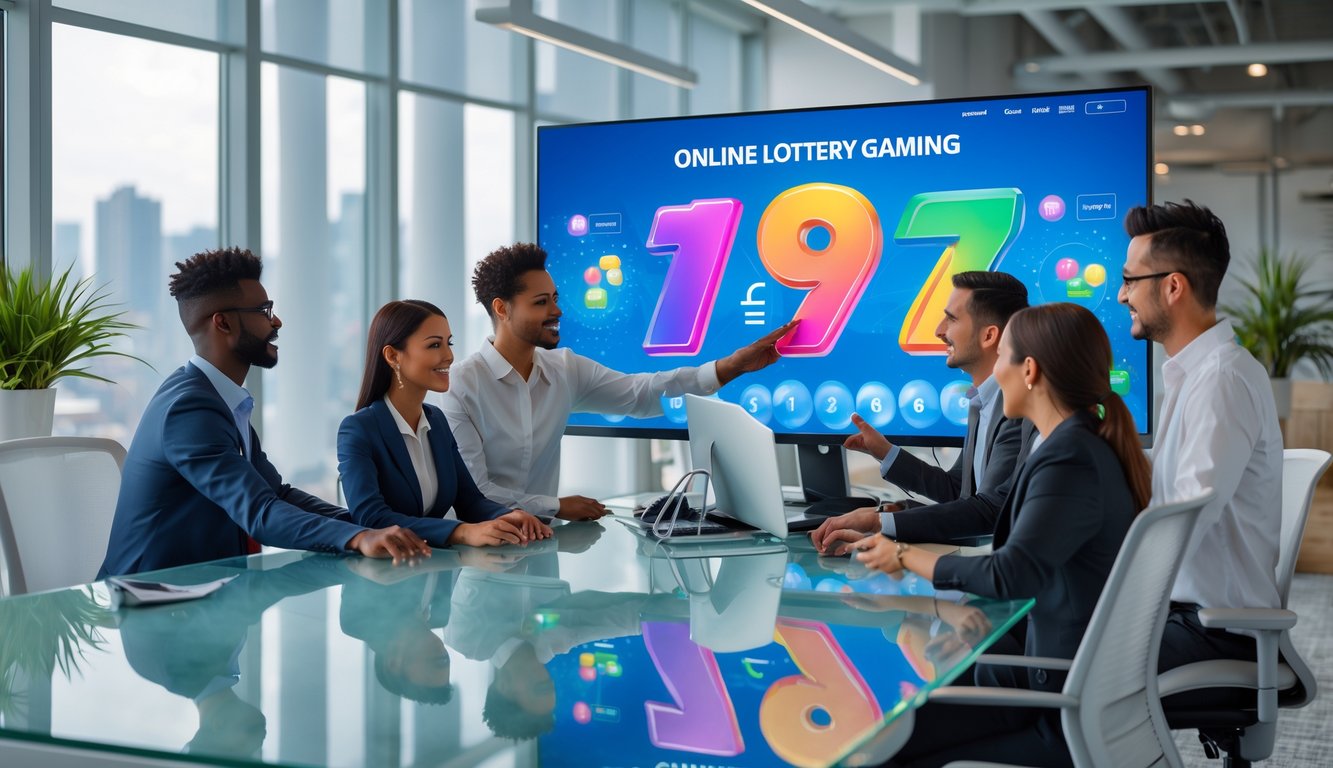 Sekelompok orang sedang berkumpul di kantor modern dengan komputer besar yang menampilkan grafik warna-warni, terlihat fokus dan antusias dalam aktivitas permainan lotere online.