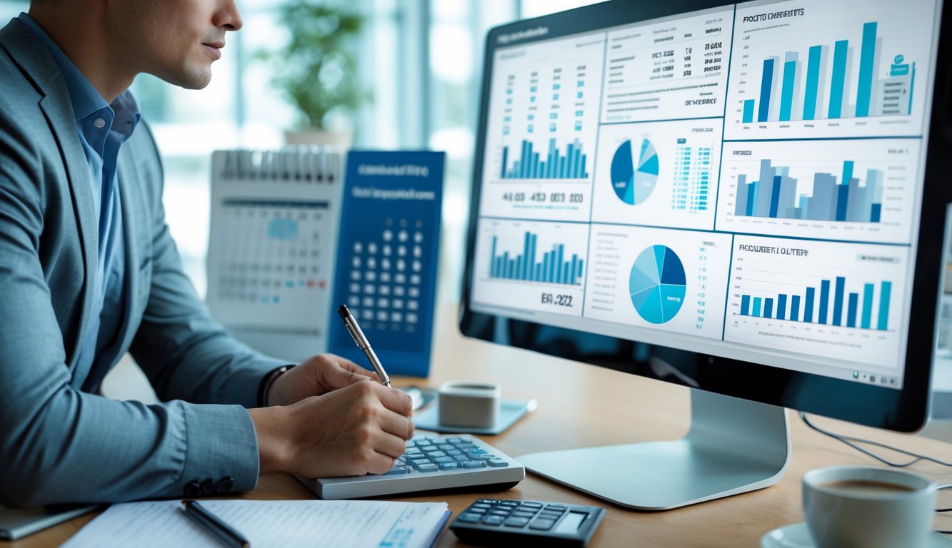 Seorang profesional sedang menganalisis data statistik lotere di depan komputer di ruang kantor yang rapi.