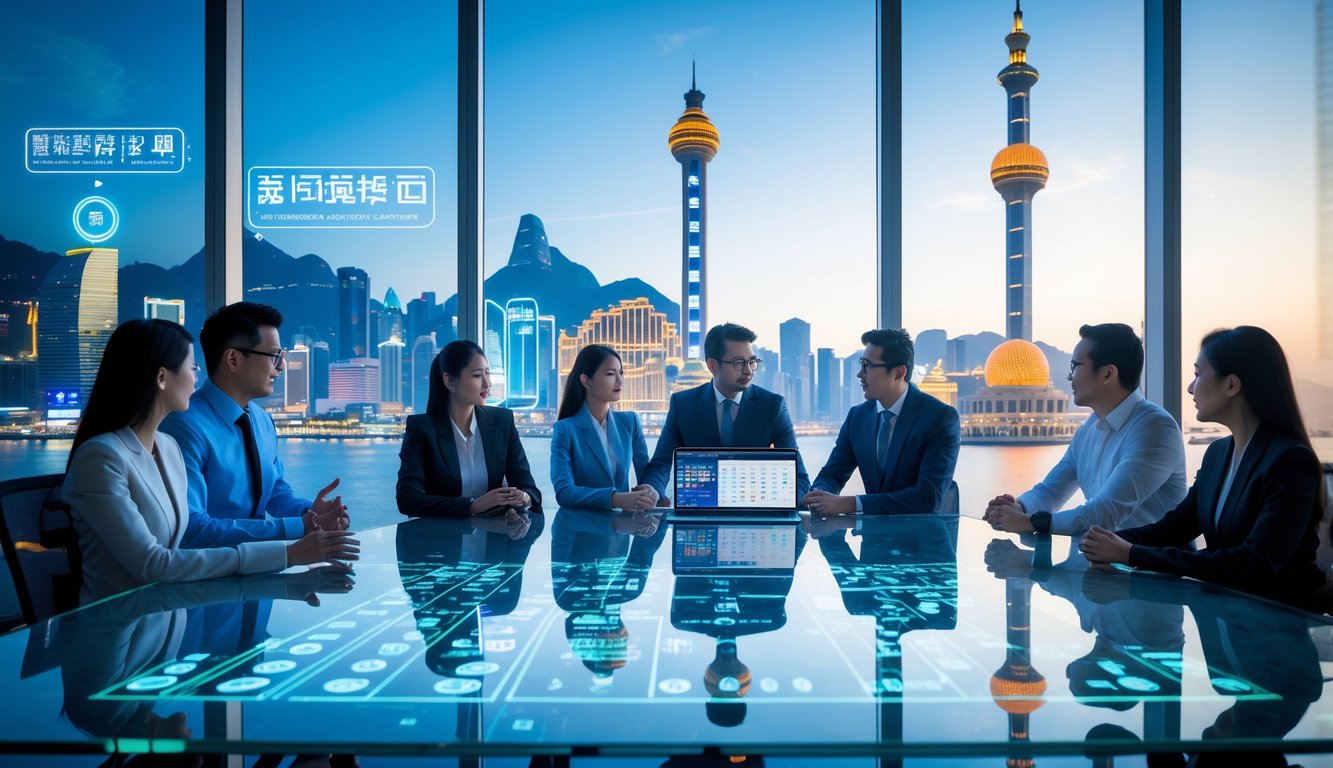 Sekelompok profesional sedang berdiskusi di kantor modern dengan pemandangan kota Macau dan menara ikonik di latar belakang.