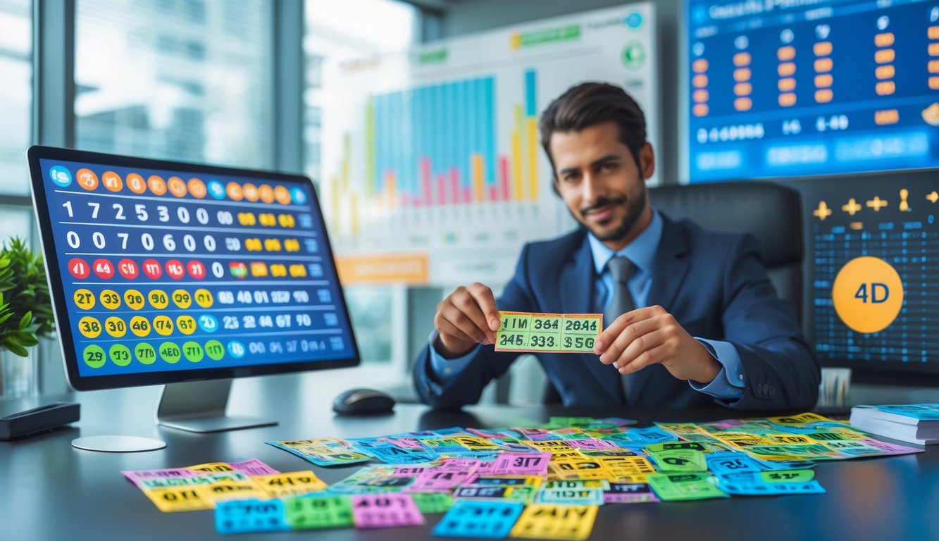 Seorang profesional sedang menganalisis tiket lotere dan grafik di meja kantor yang modern.