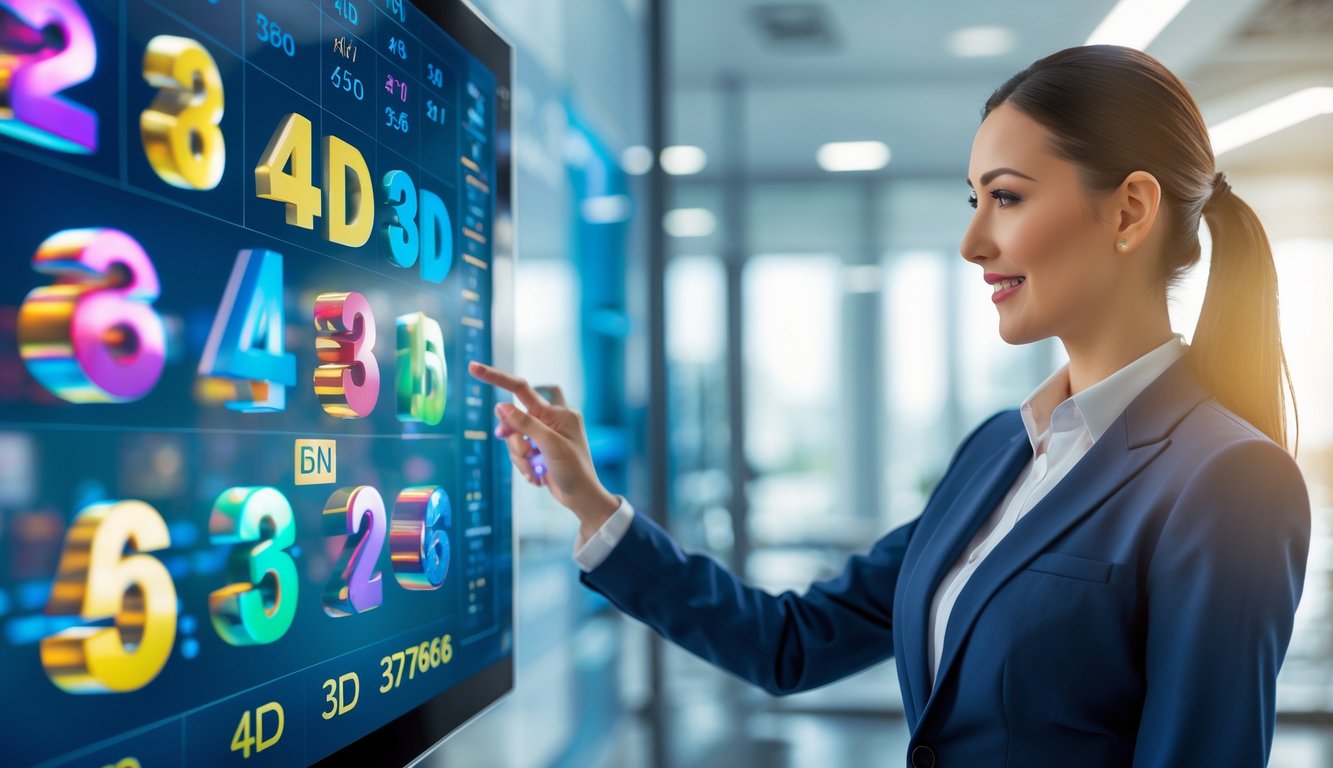 Seorang agen profesional sedang menggunakan layar sentuh digital dengan tampilan angka dan grafik lotre di kantor modern.