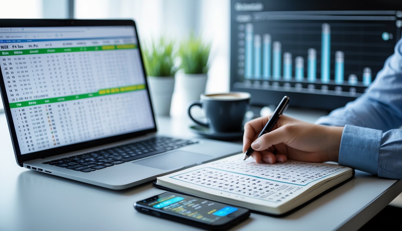 Meja kerja dengan laptop, buku catatan, dan ponsel yang menampilkan analisis angka lotre.