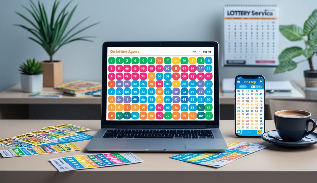 Meja kerja modern dengan laptop yang menampilkan angka lotere, tiket lotere, dan ponsel dengan aplikasi lotere.