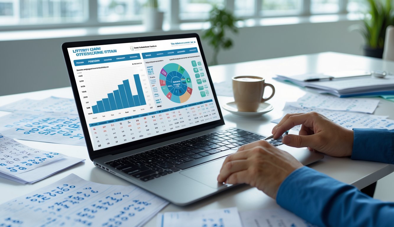 Meja kerja modern dengan laptop, ponsel, dan kertas berisi angka dan perhitungan, seseorang sedang menulis atau mengetik di ruangan terang.