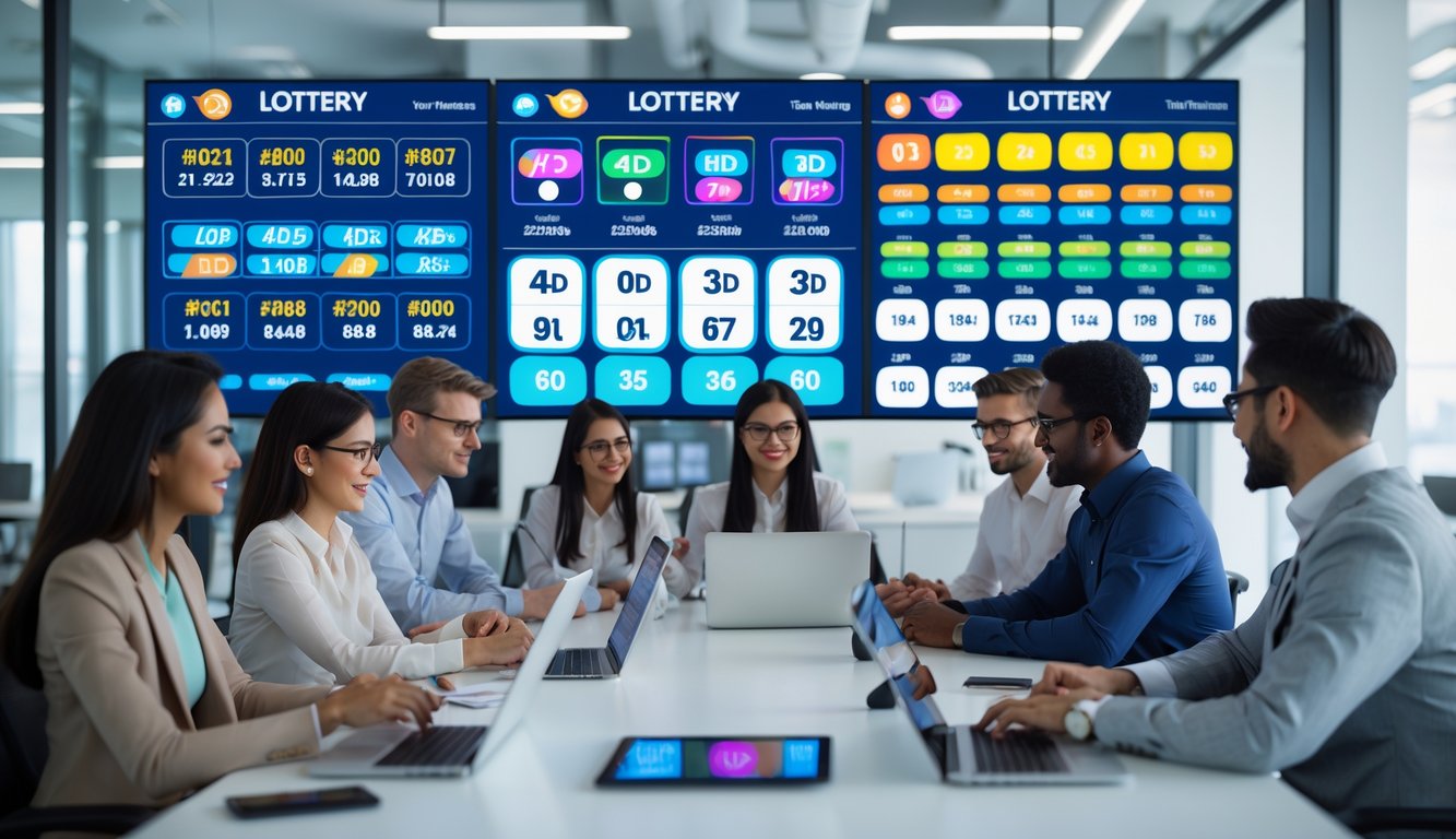 Orang-orang sedang bekerja bersama di kantor modern dengan layar digital menampilkan angka dan grafik terkait permainan togel 4D, 3D, dan 2D.
