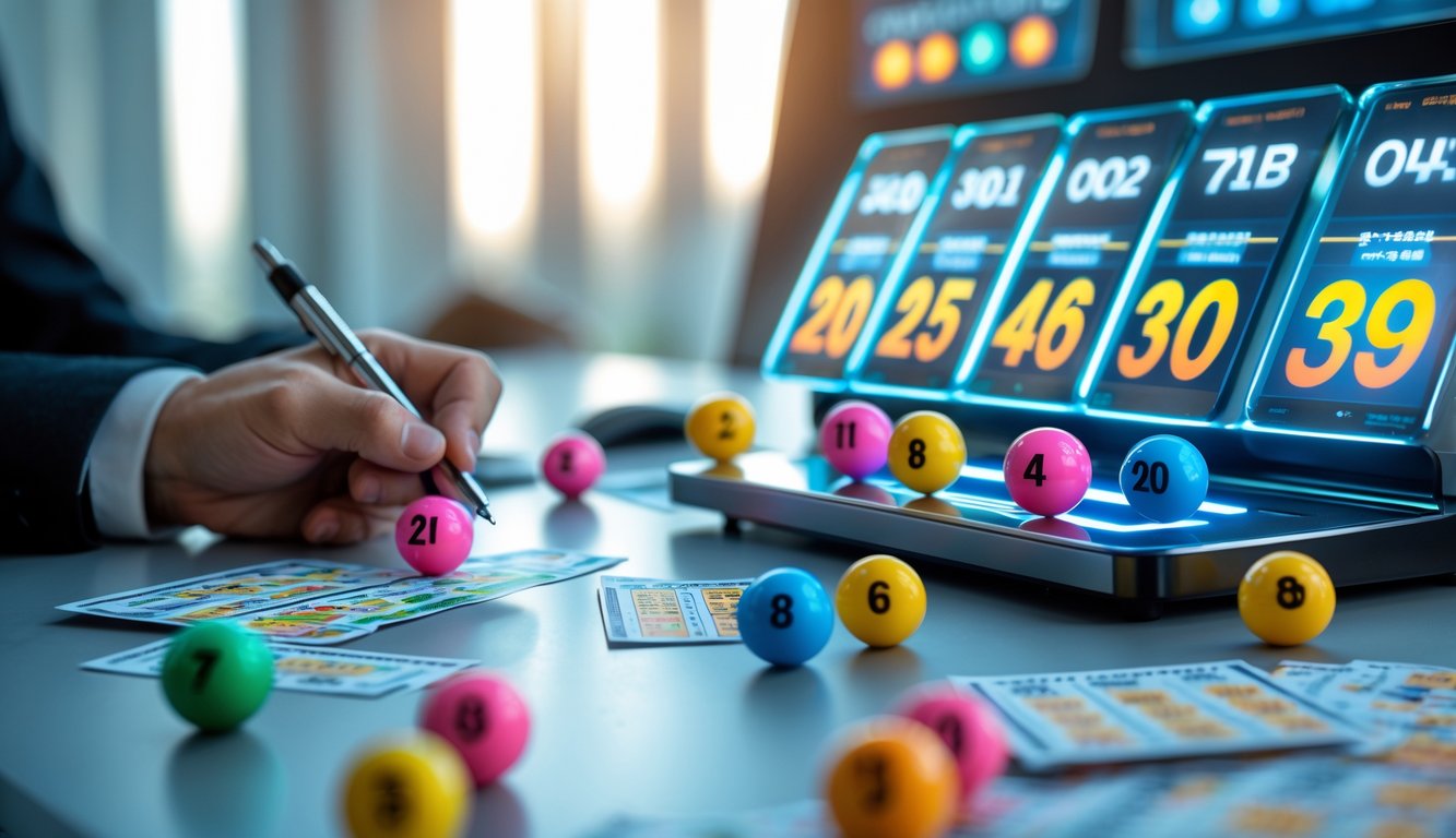 Meja dengan mesin lotere digital menampilkan angka dan tangan memegang pena di atas tiket lotere.