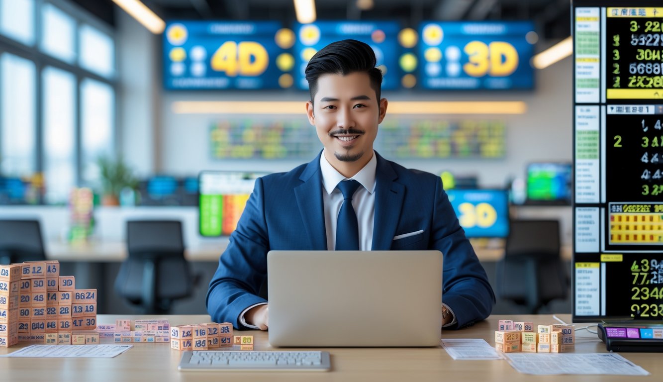Seorang agen togel duduk di meja kerja modern dengan laptop, tiket togel, dan layar digital yang menampilkan angka dan statistik.