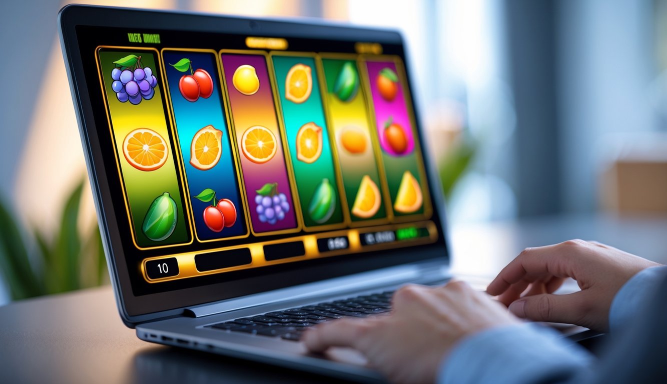 Seseorang bermain permainan slot buah-buahan di komputer dengan simbol buah berwarna cerah di layar.
