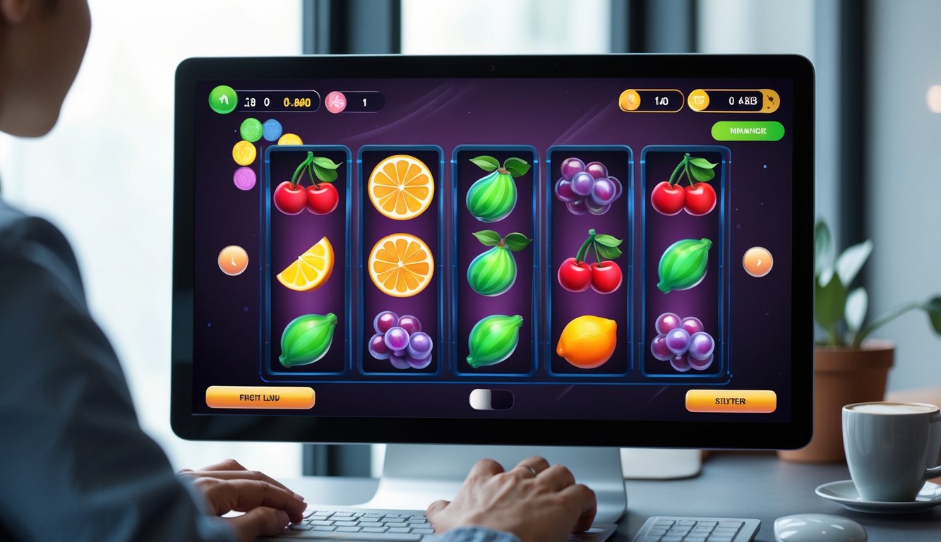 Layar komputer menampilkan permainan slot buah online dengan simbol buah warna-warni dan tangan seseorang yang sedang berinteraksi dengan perangkat.