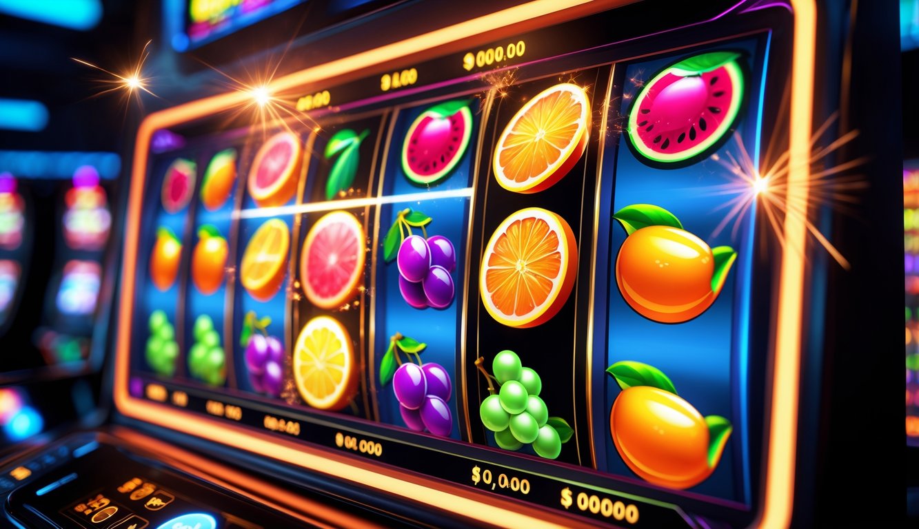 Layar mesin slot online menampilkan kombinasi buah yang menang dengan lampu berkedip dan efek perayaan.