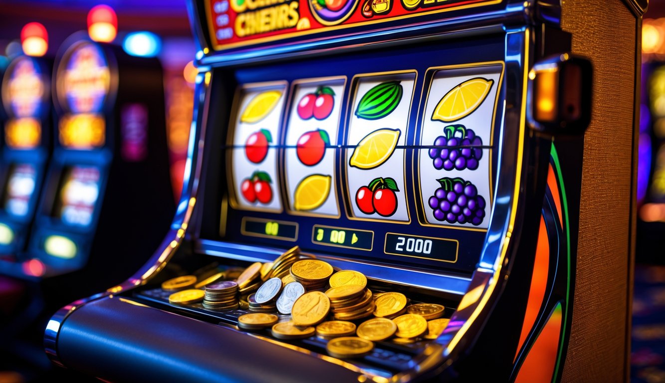 Mesin slot buah dengan simbol buah berwarna cerah dan koin yang keluar dari tempat pembayaran.