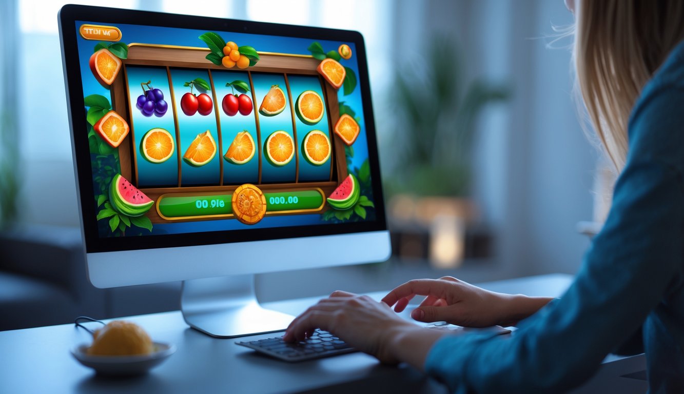 Seseorang menggunakan komputer dengan tampilan permainan slot buah online di layar.