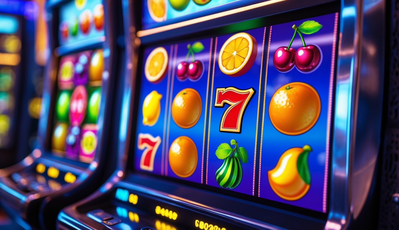 Layar mesin slot online menampilkan simbol buah berwarna-warni seperti ceri, lemon, dan semangka dalam kombinasi kemenangan.