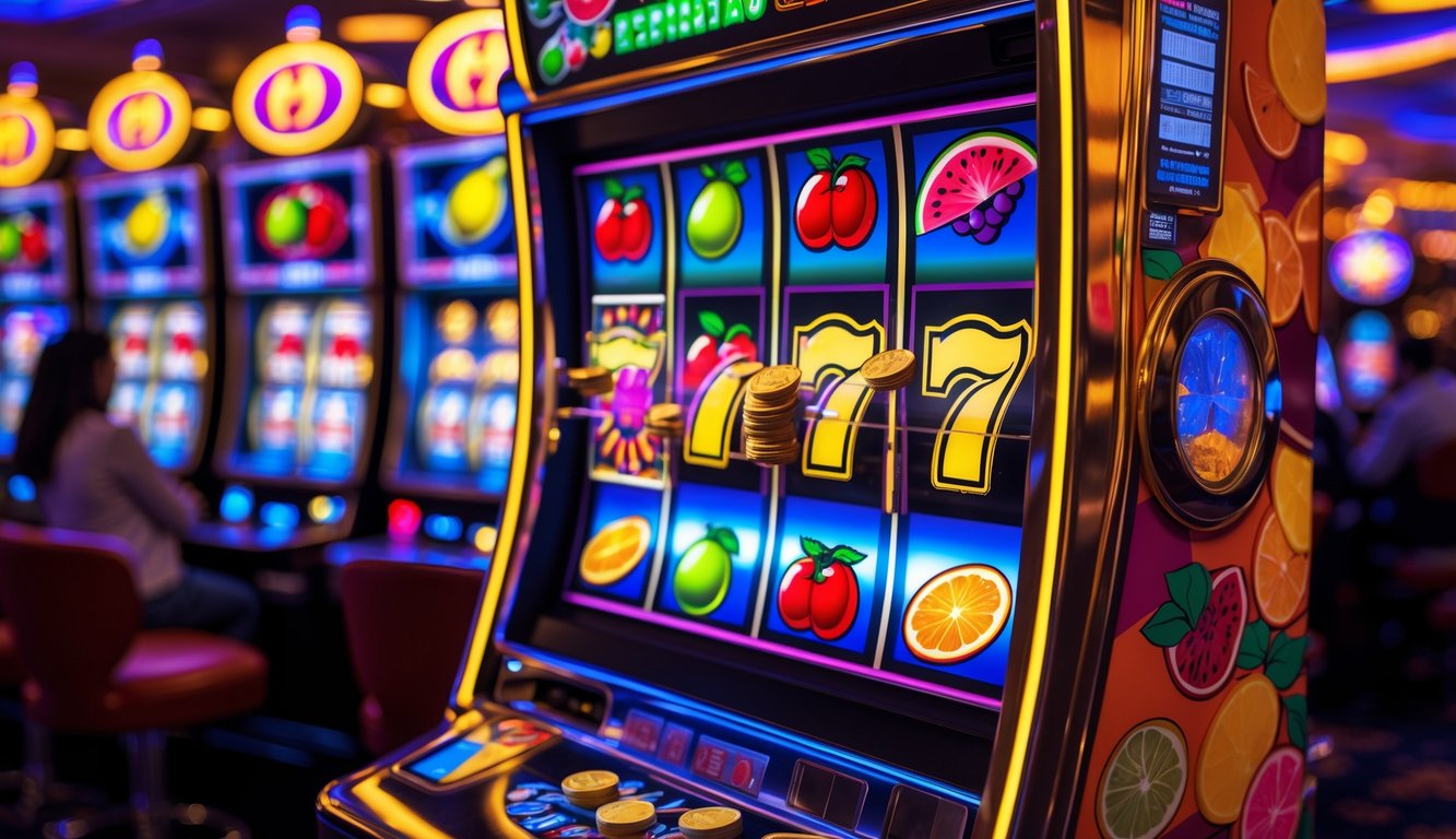 Mesin slot buah berwarna cerah dengan simbol buah dan koin jatuh di kasino yang ramai.