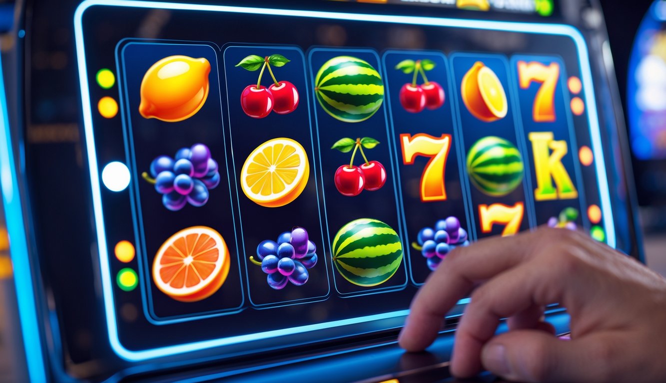 Tampilan mesin slot online dengan simbol buah berwarna-warni dan tangan pengguna yang sedang menyentuh layar perangkat.