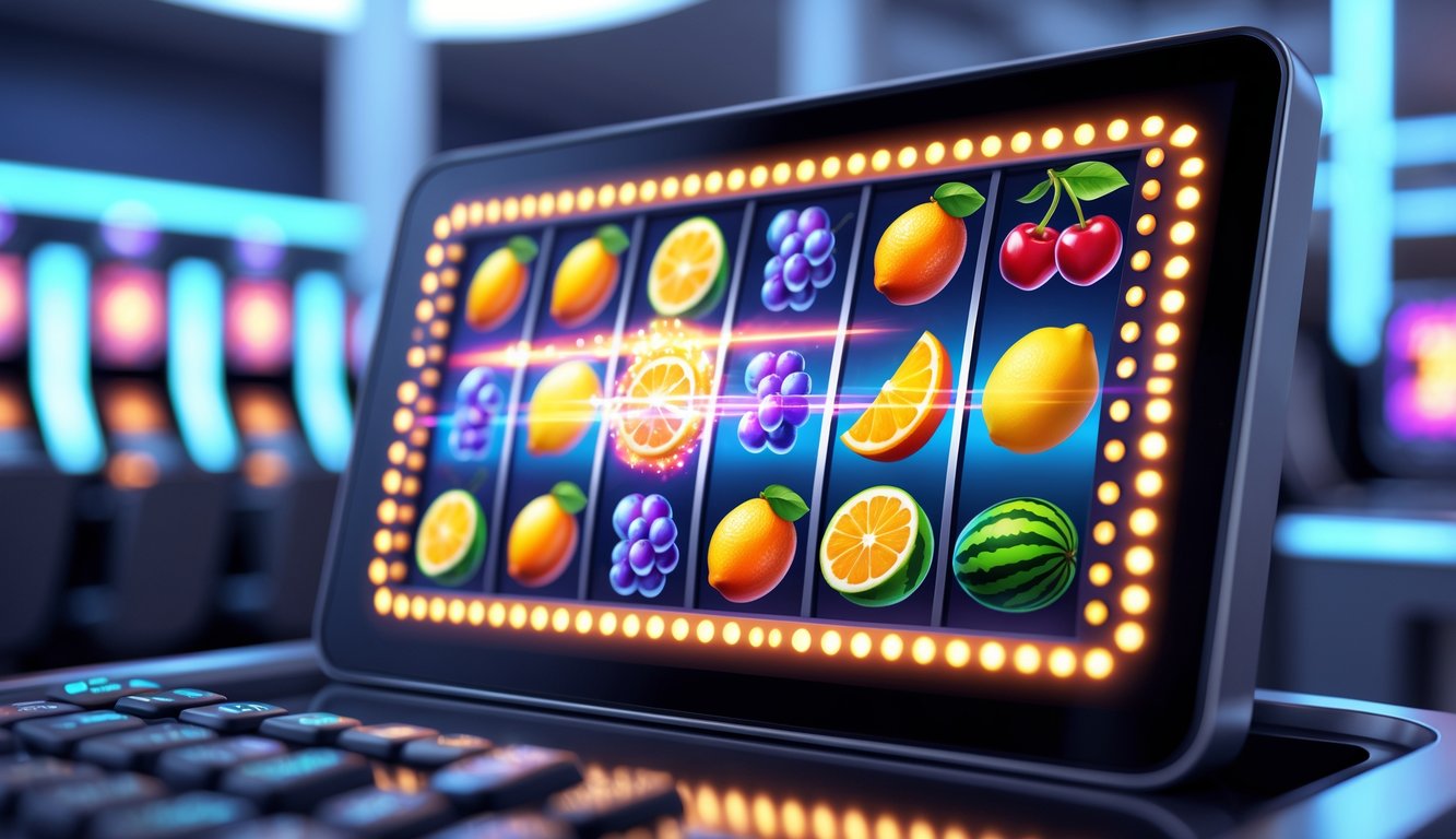 Layar mesin slot digital dengan simbol buah berwarna cerah menunjukkan kombinasi kemenangan di lingkungan permainan yang modern.