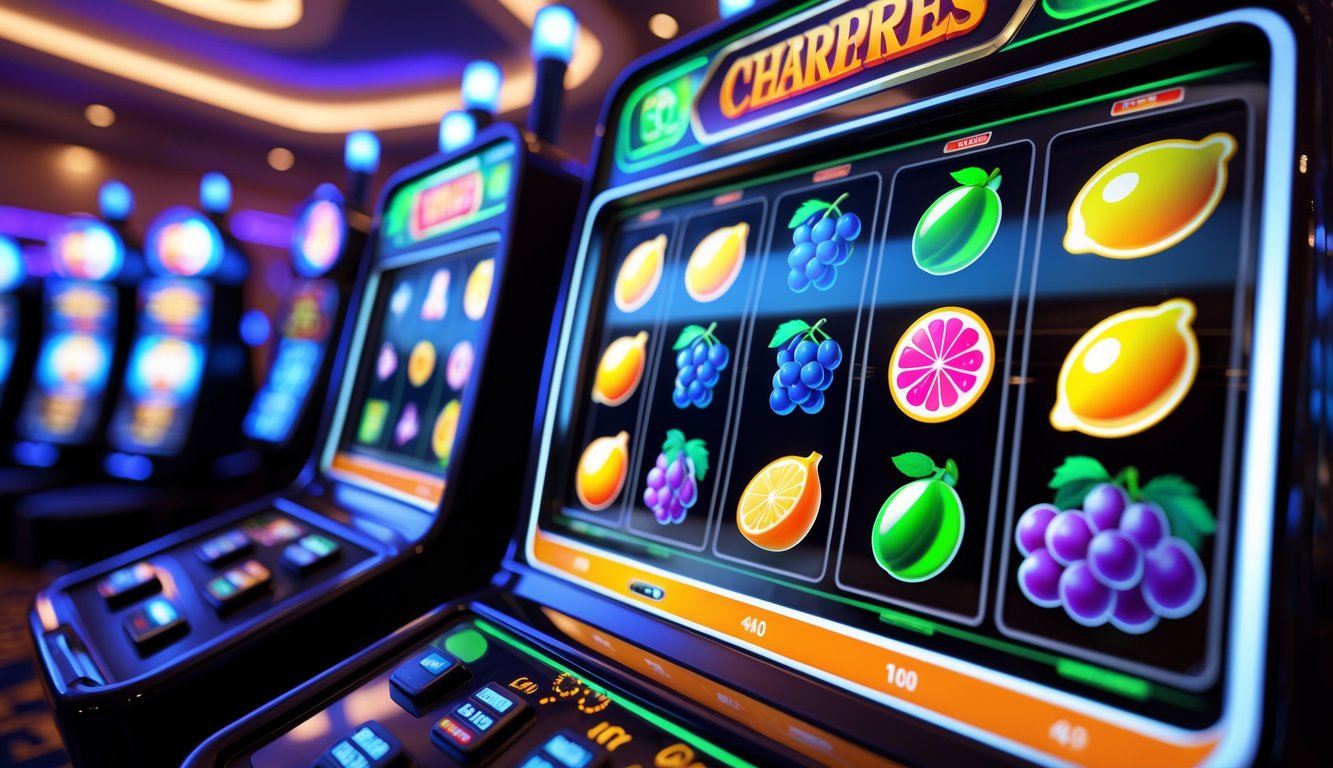 Tampilan mesin slot online dengan simbol buah berwarna cerah di layar dalam suasana kasino modern.