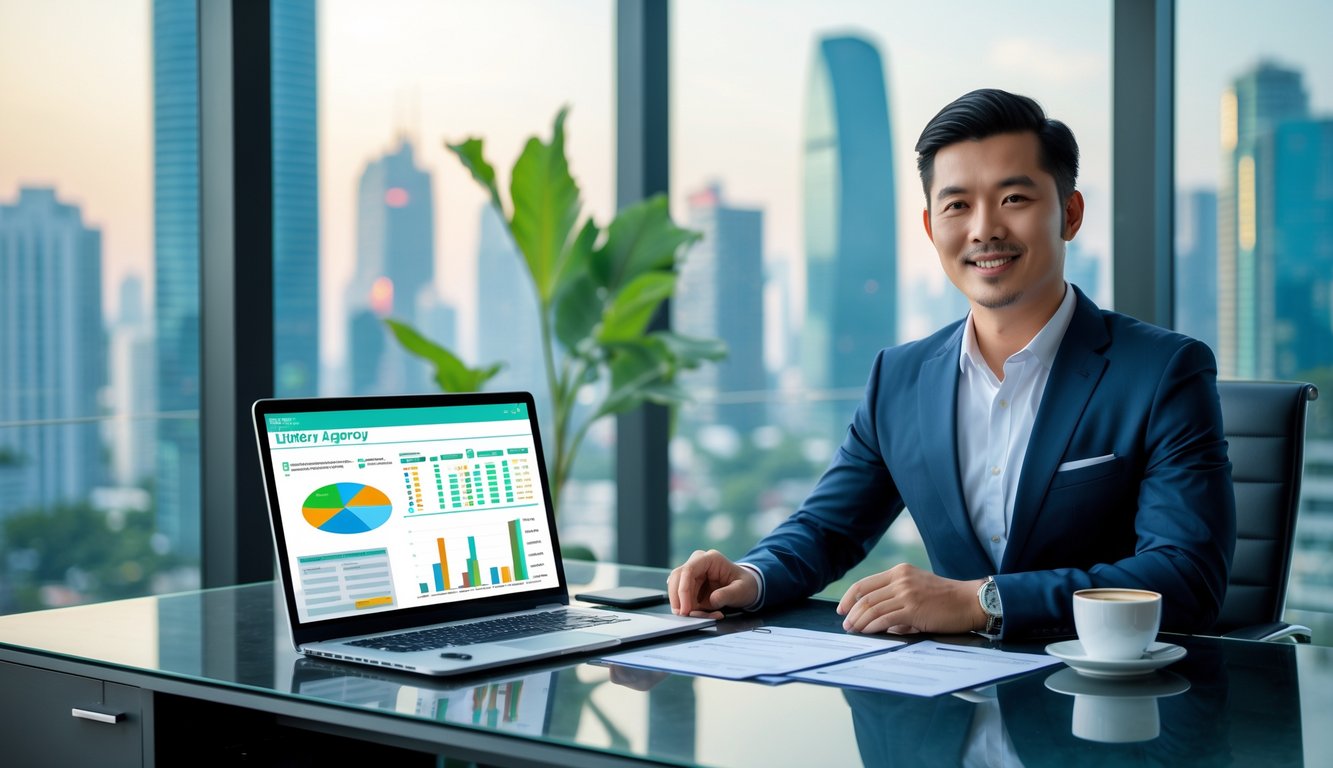 Seorang profesional di kantor modern dengan pemandangan kota Bangkok di latar belakang, duduk di meja dengan laptop dan dokumen kerja.
