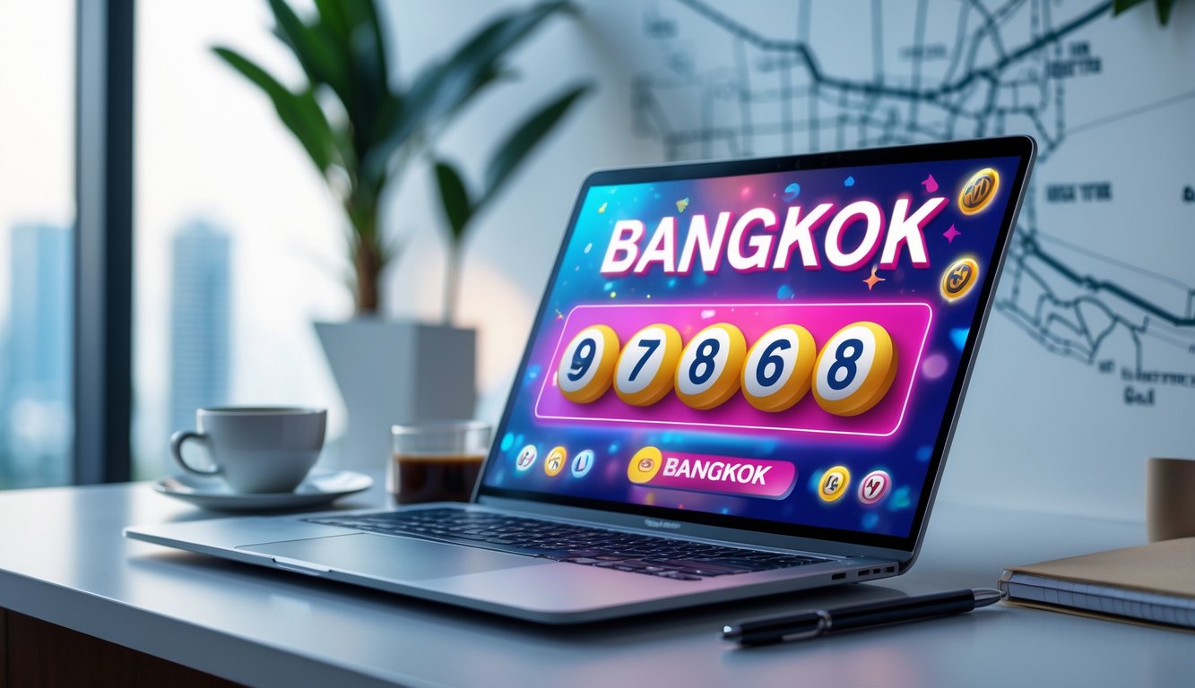 Seseorang menggunakan laptop di meja kerja dengan tampilan antarmuka lotere online dan peta Bangkok di latar belakang.