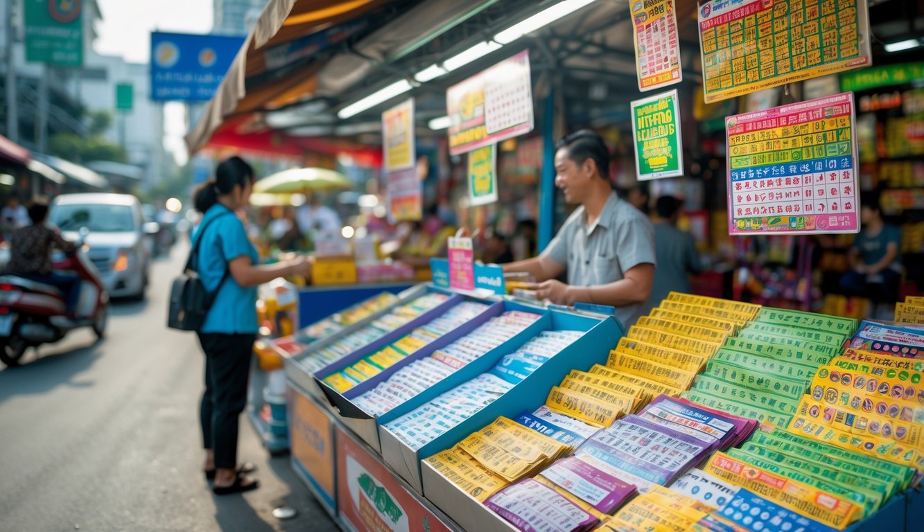 Suasana pasar togel di Bangkok dengan penjual dan pelanggan di sebuah stan yang ramai.