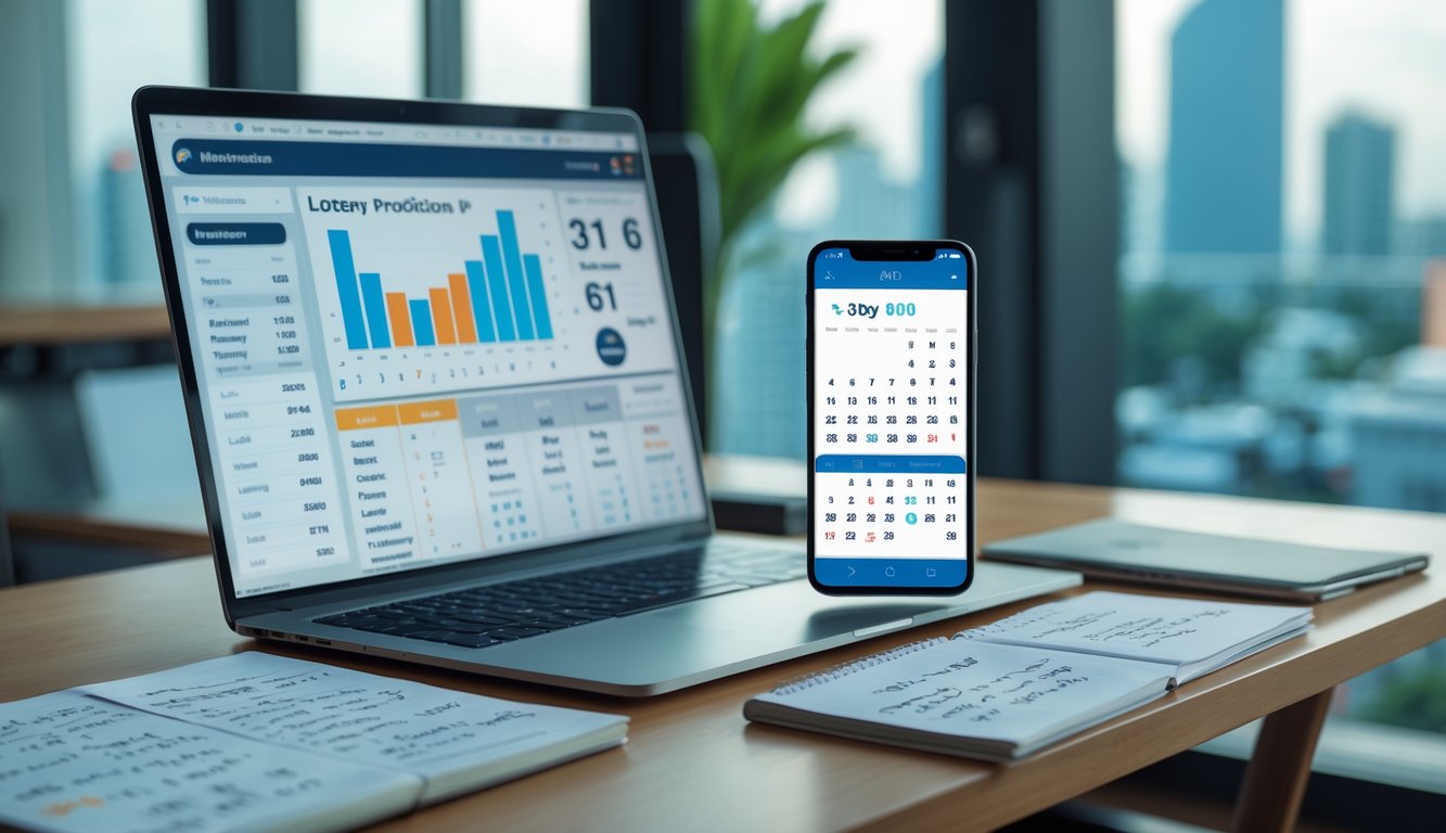 Meja kerja modern dengan laptop, ponsel, dan catatan di depan jendela yang menampilkan pemandangan kota Bangkok.